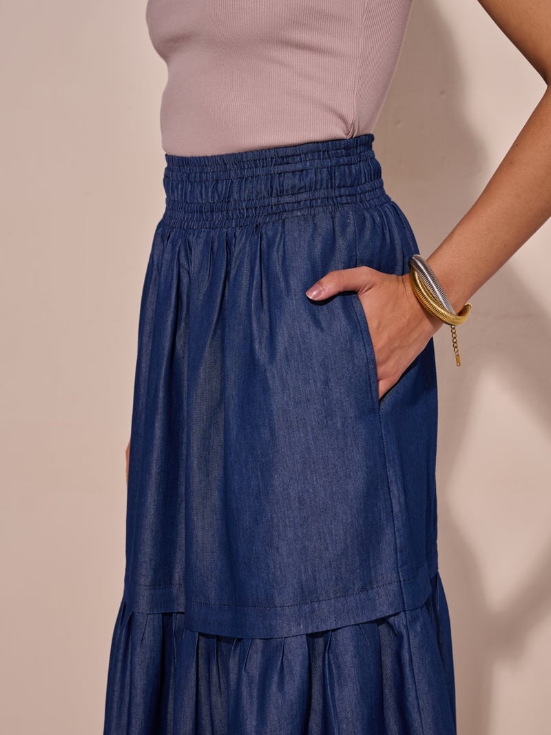 Blue Denim Tiered Midi Skirt with Cutwork Hem