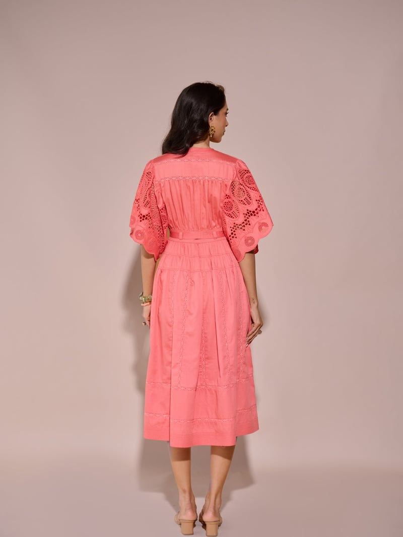 Pink Tiered Midi Dress with Schiffli Sleeves and Belt