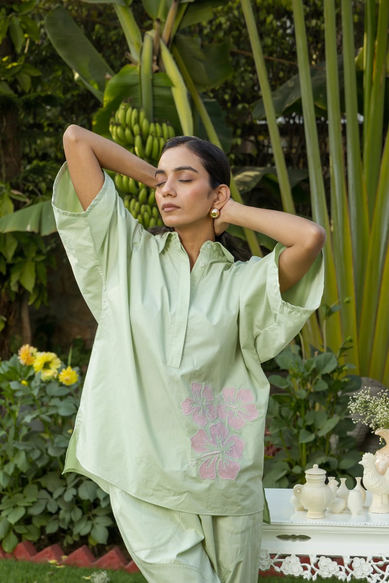 Sage Poplin Shirt and Pants Co-ord Set with Floral Appliqué