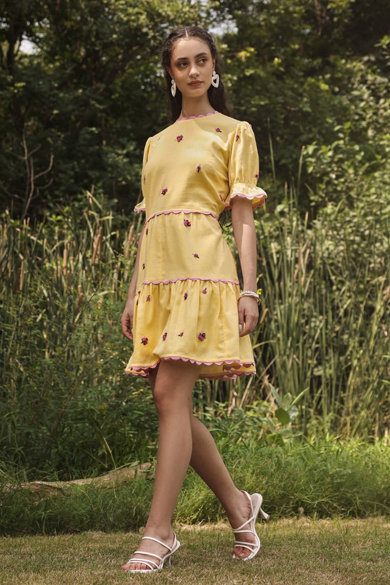 Buttercup Yellow Tiered Mini Dress with Floral Embroidery