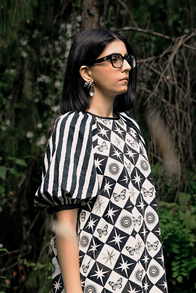 White/Black Oversized Celestial Print Mini Shift Dress