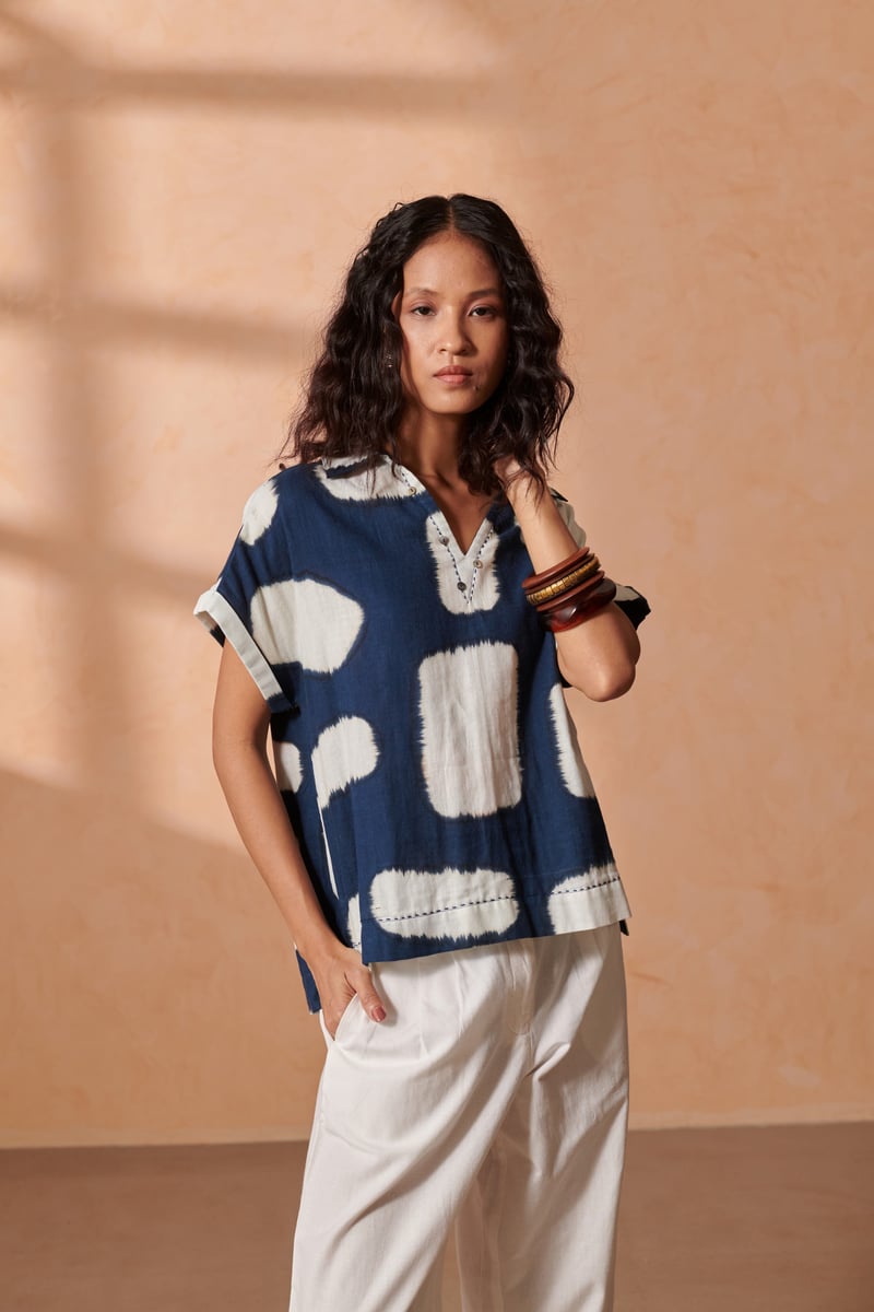 Indigo Brush-Painted Check Drop-Shoulder Cotton Top — ROHO