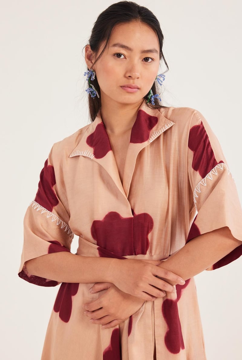 Beige Printed Chanderi Maxi Dress with Tie Belt