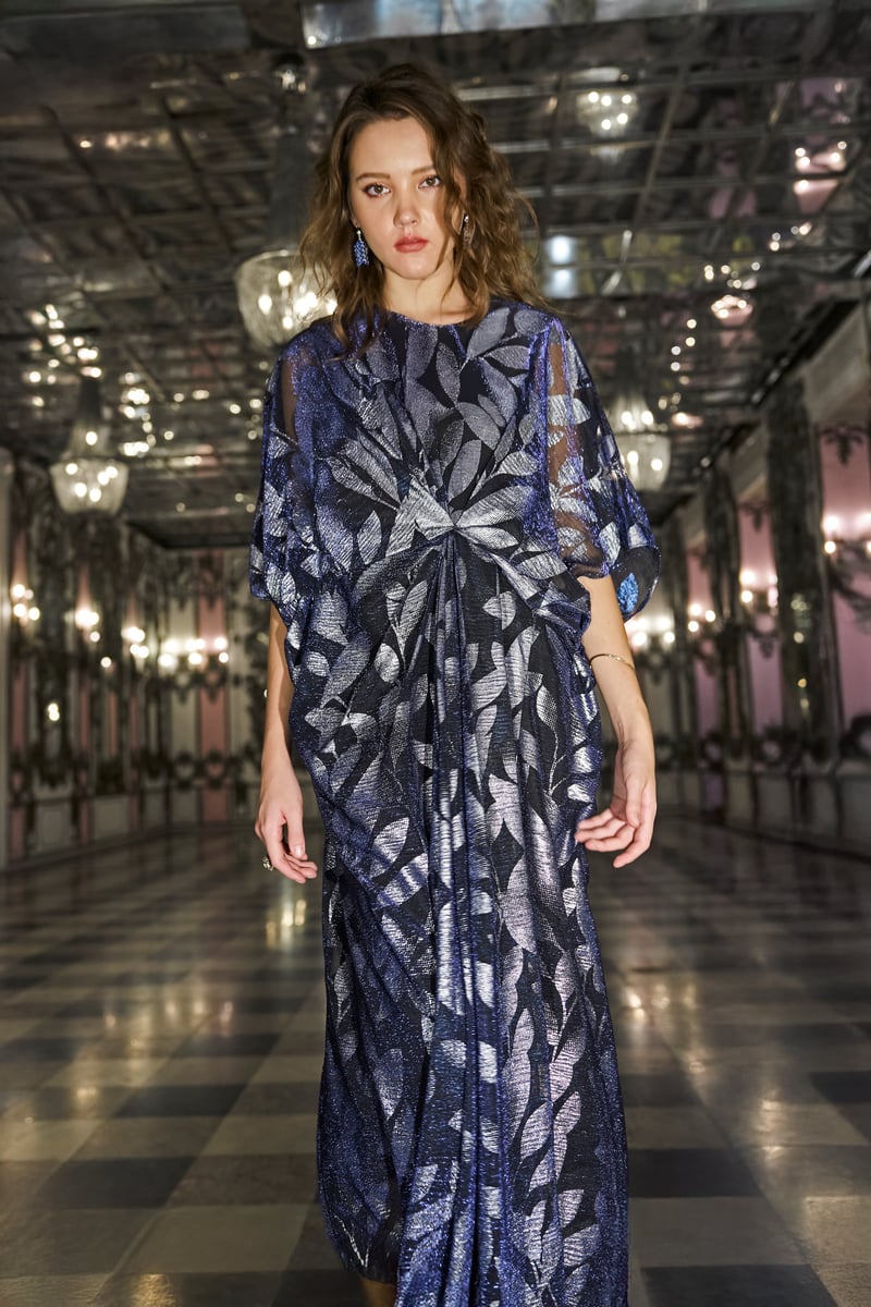Navy Metallic Leaf-Print Draped Maxi Kaftan