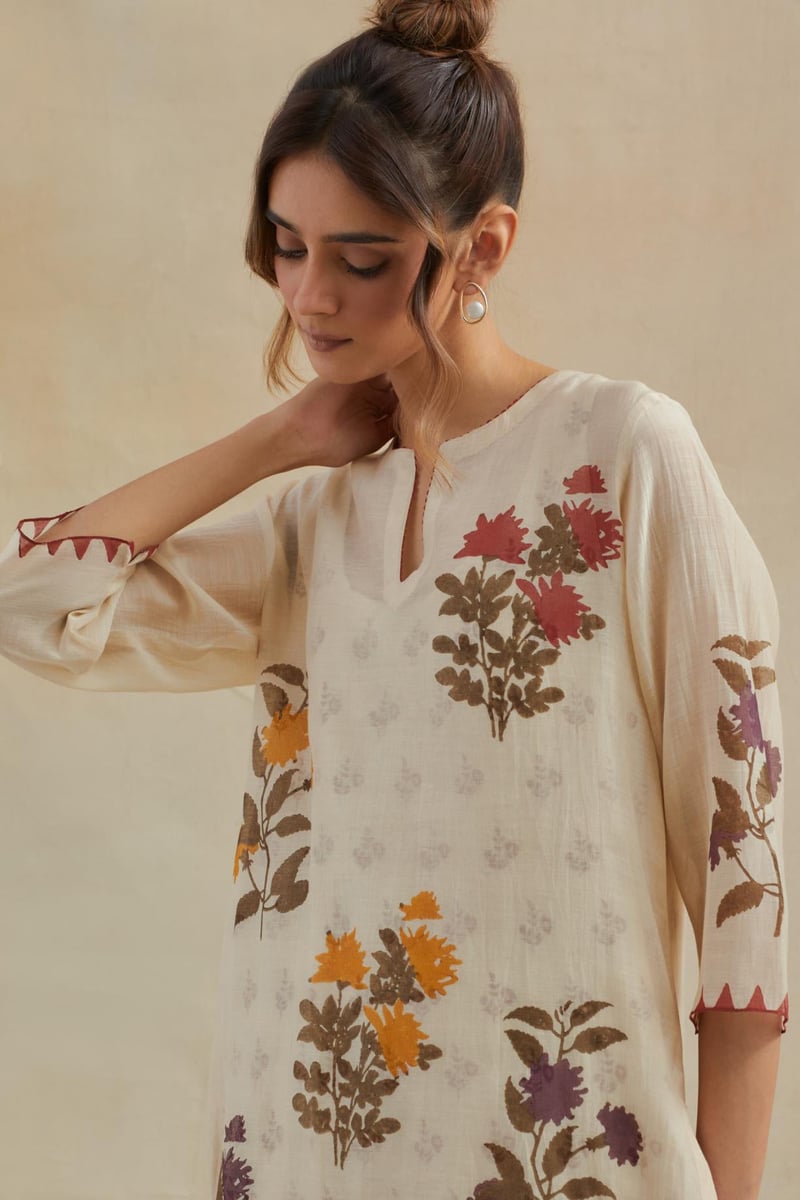 Beige Floral Block Print Straight Kurta Set with Dupatta