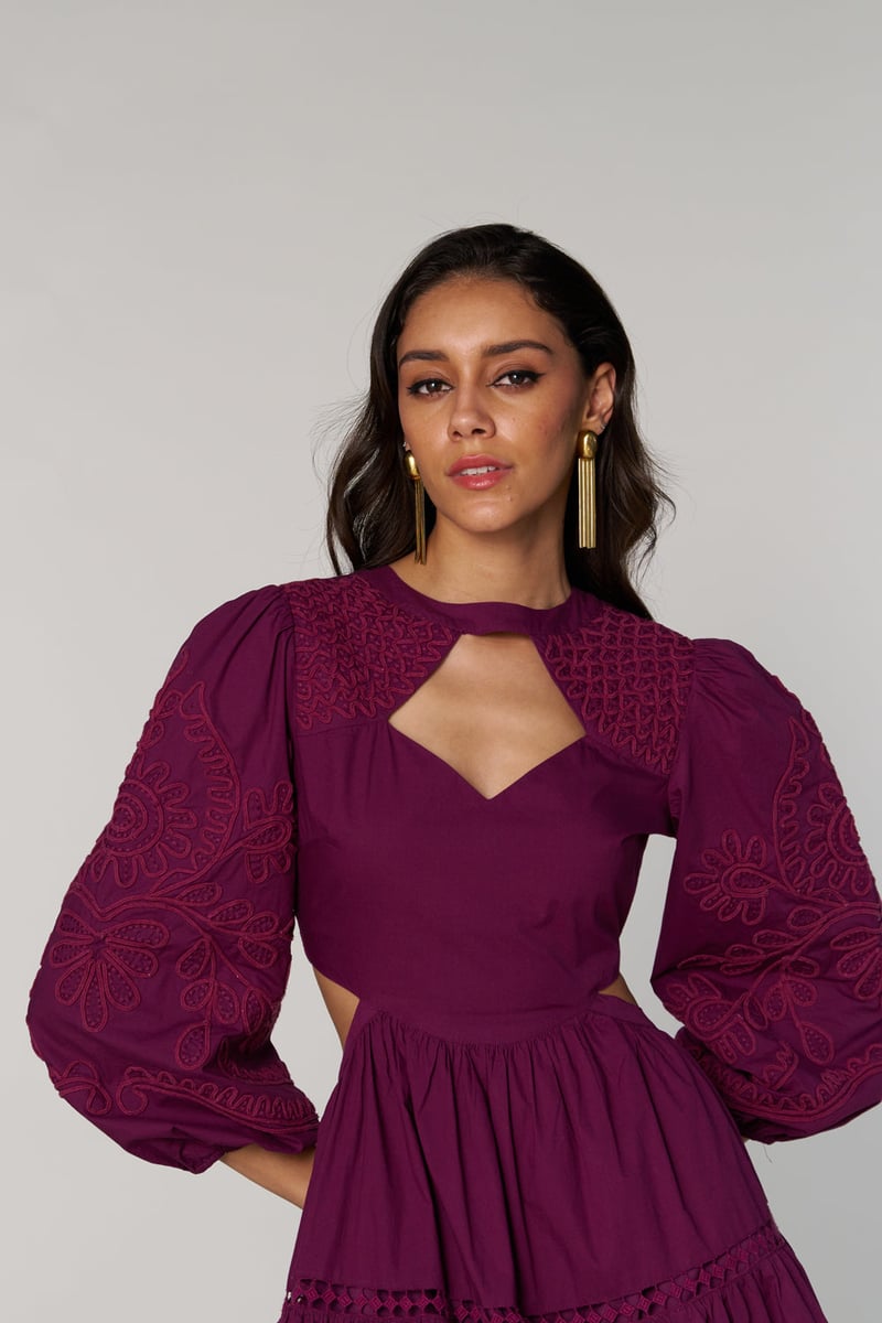 Purple Embroidered Keyhole Neck Tiered Mini Dress