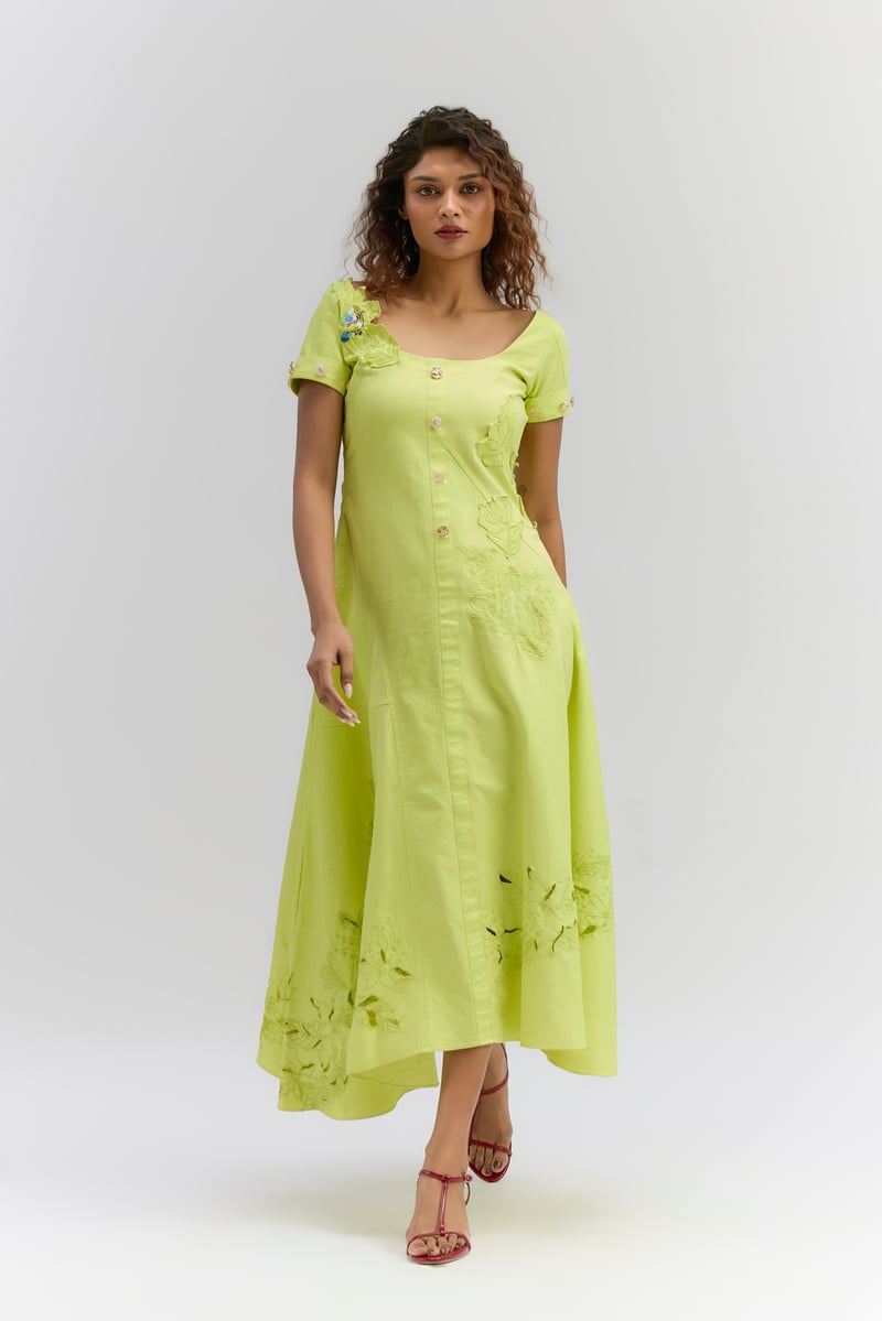 Lime Green  Patch Embroidered A-Line Midi Dress — Itara an another