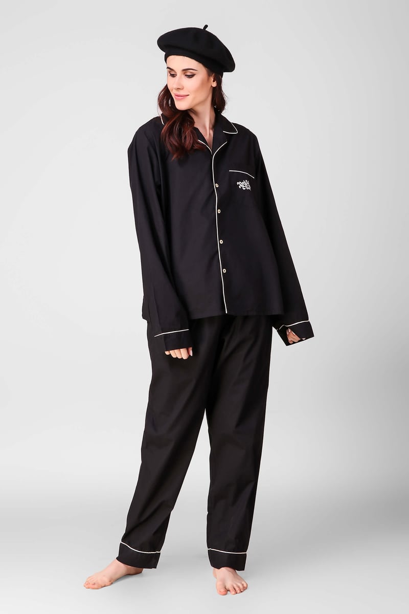 Black Cotton Poplin Pyjama Suit Set with Contrast Piping