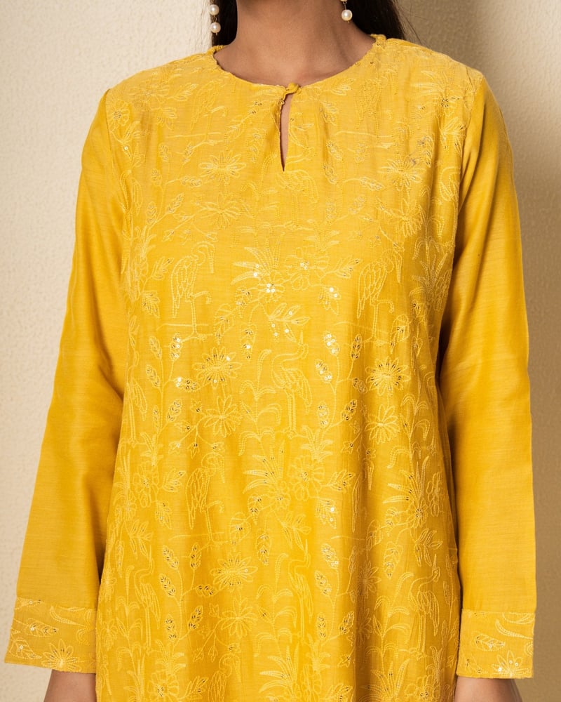 Golden Yellow Chanderi Yellow Floral Embroidered Suit Set (Set Of 3)