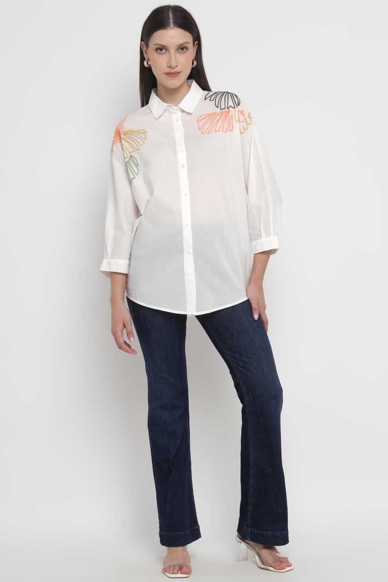 White Cotton Shirt with Leaf Embroidery