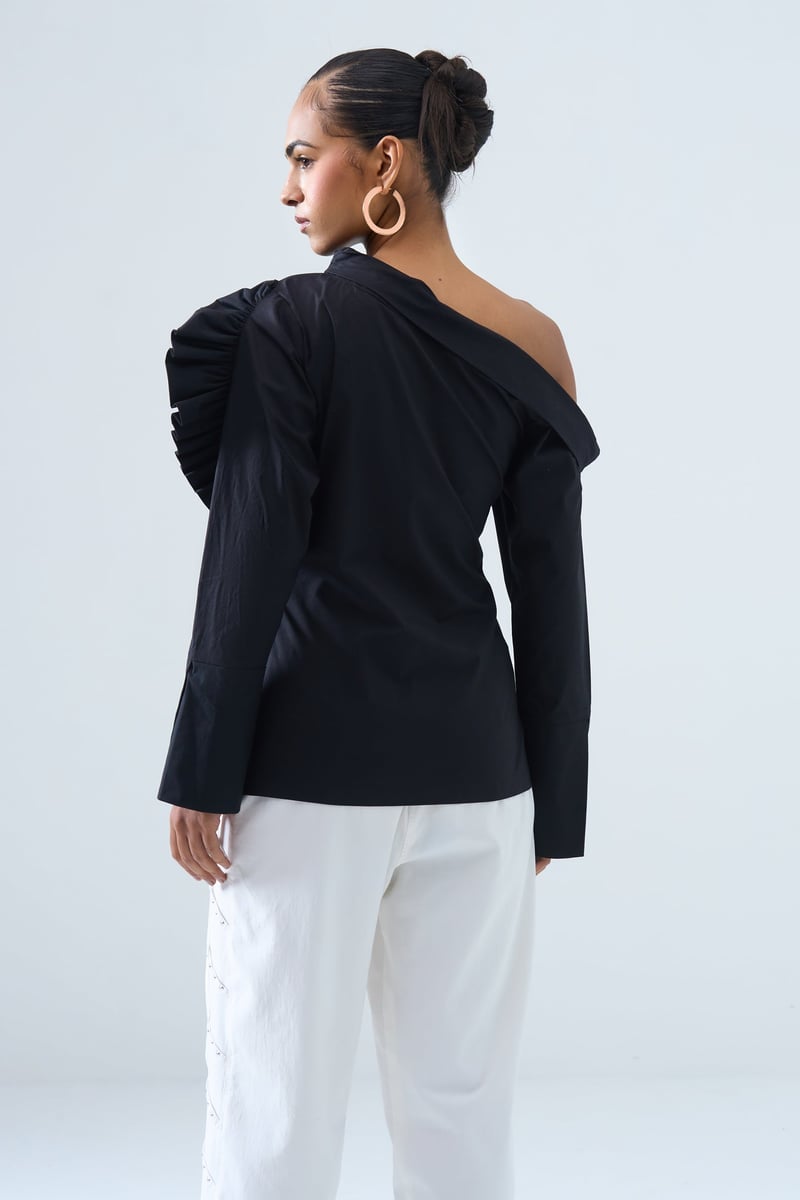 Black One-Shoulder Top with Sculpted Floral Detail