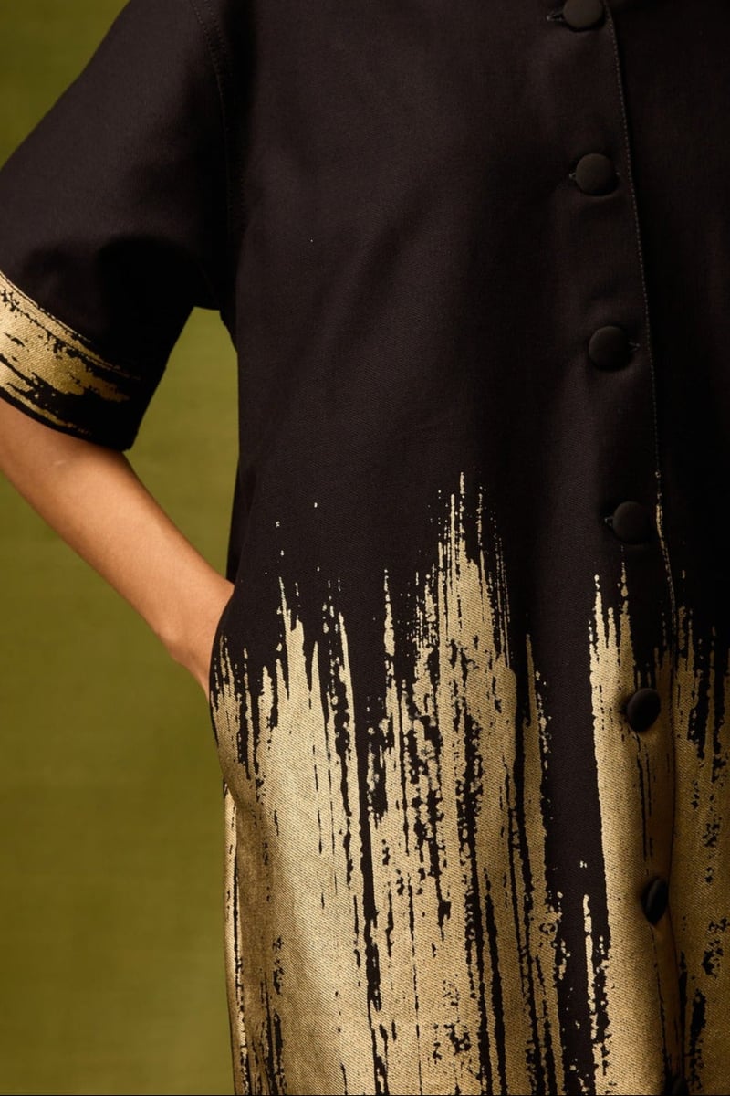 Black Denim Mini Shirt Dress with Gold Foil Detail