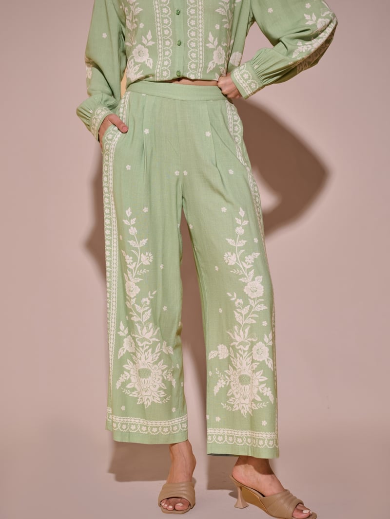 Green Floral Printed Wide-Leg Trousers