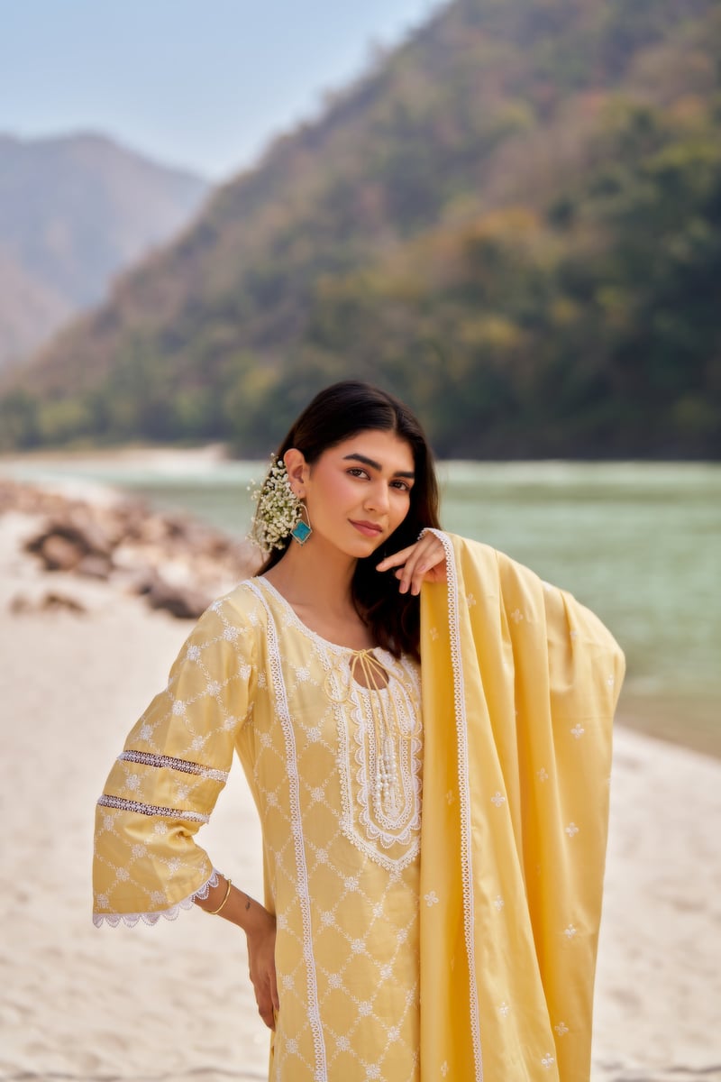 Yellow Cotton Embroidered Kurta Set With Dupatta