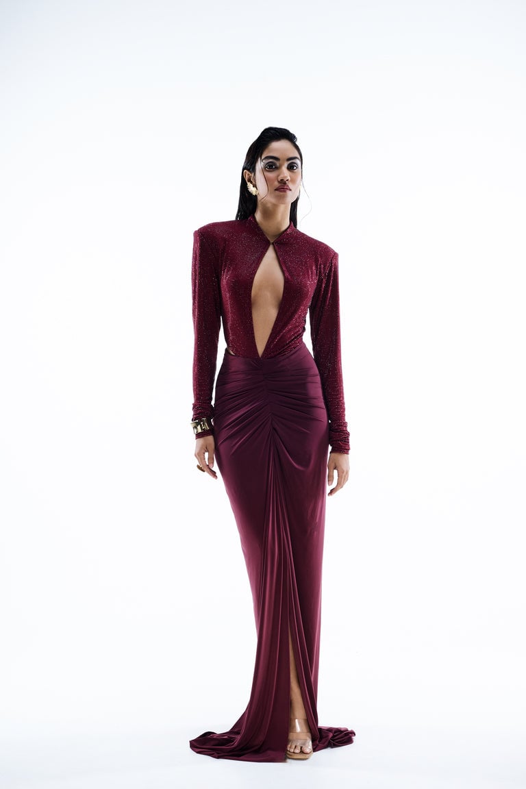 Wine Keyhole Neck Embellished Maxi Gown