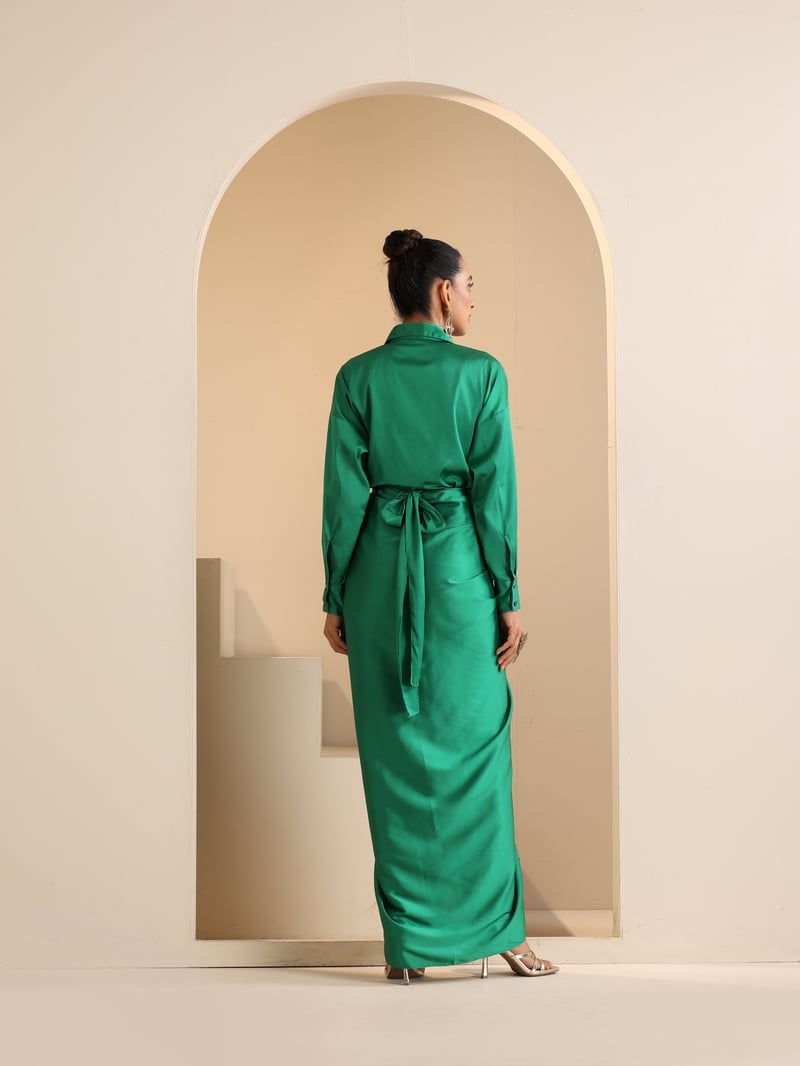 Green Satin Shirt and Wrap Dhoti Skirt Co-ord Set