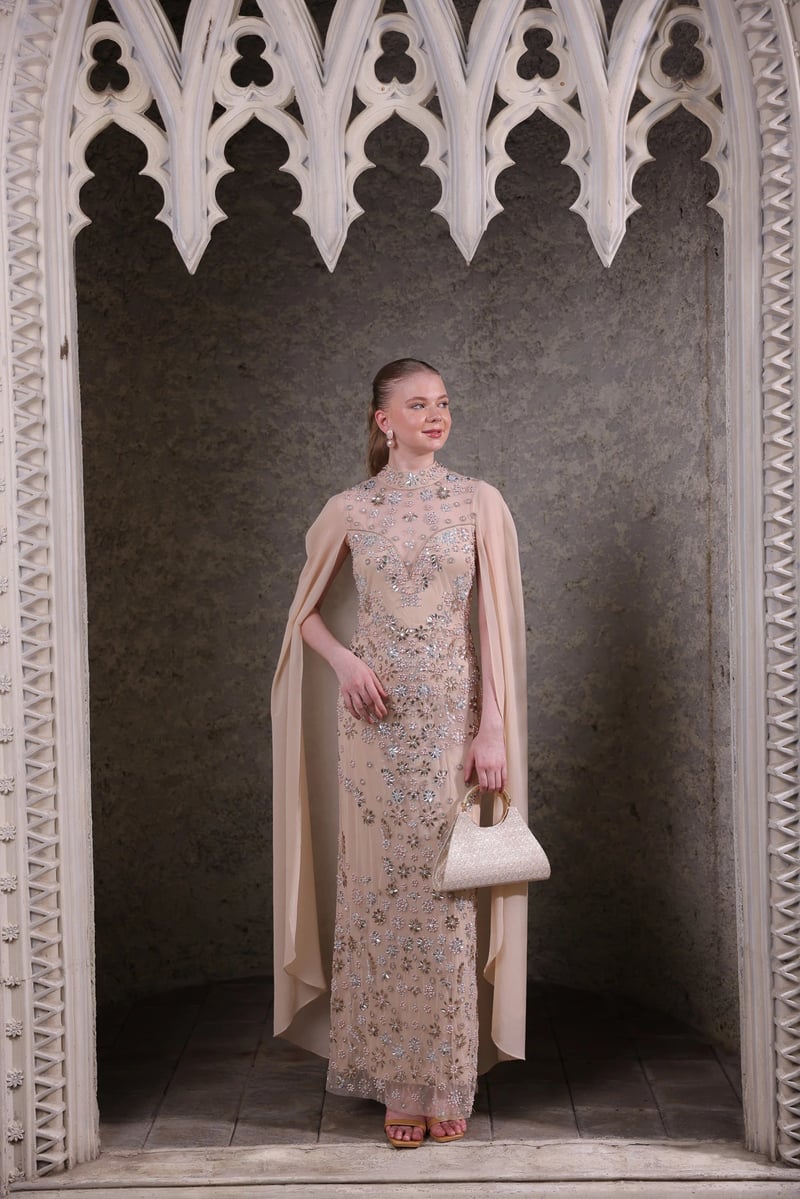 Cream Hand-Embellished Cape Maxi Gown
