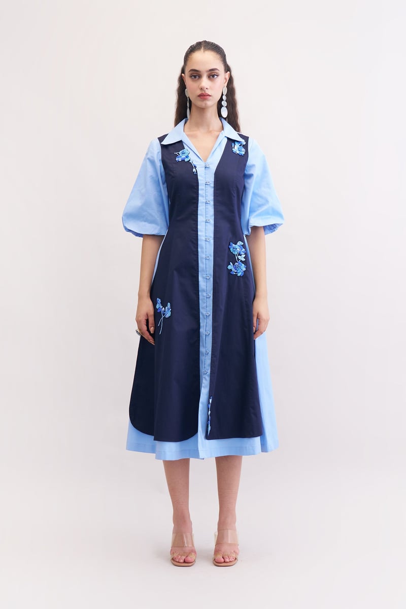 Navy and Blue Colorblocked Embroidered Midi Shirt Dress