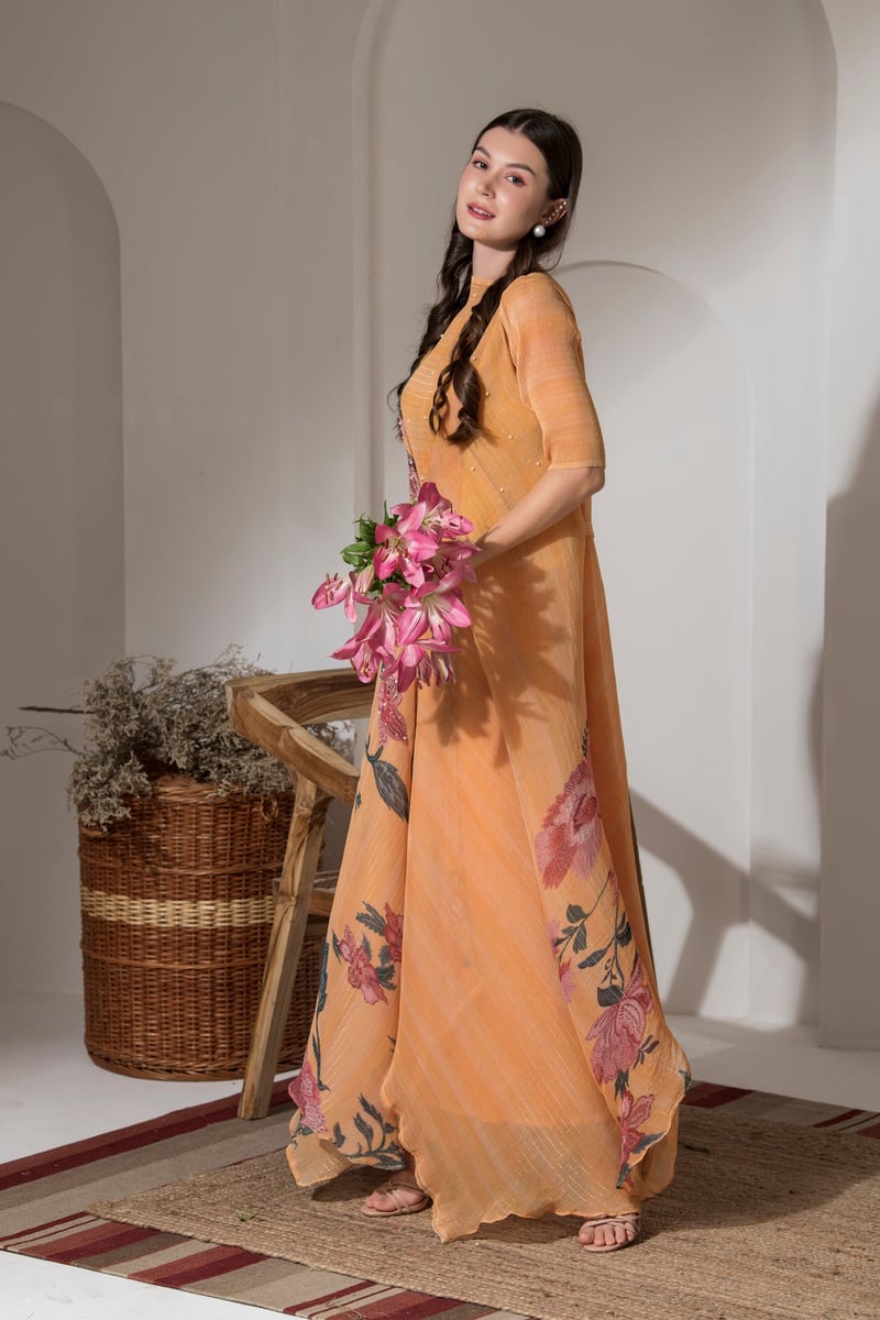 Golden Yellow Floral Kaftan Kurta Palazzo Co-ord Set
