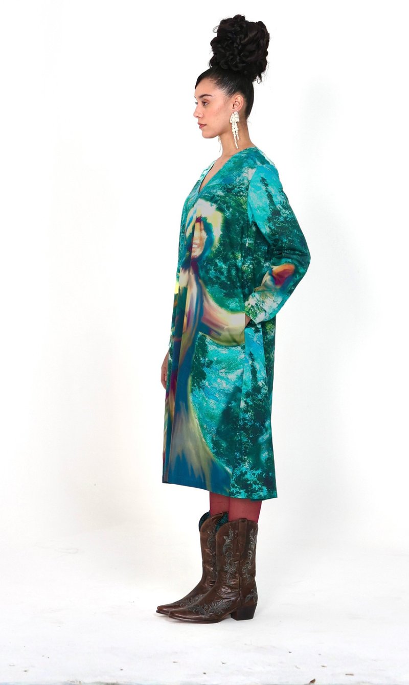 Multicolor Graphic Print Cotton Satin A-Line Midi Dress