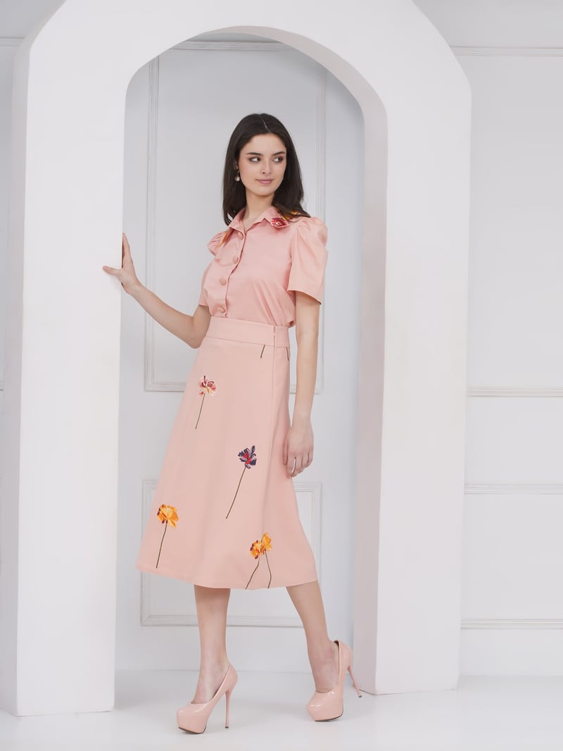 Peach Shirt and A-Line Midi Skirt Co-ord Set