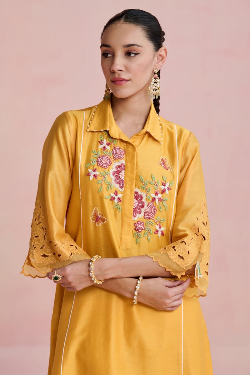 Yellow Chanderi Embroidered Kurta Set with Cutwork Hem