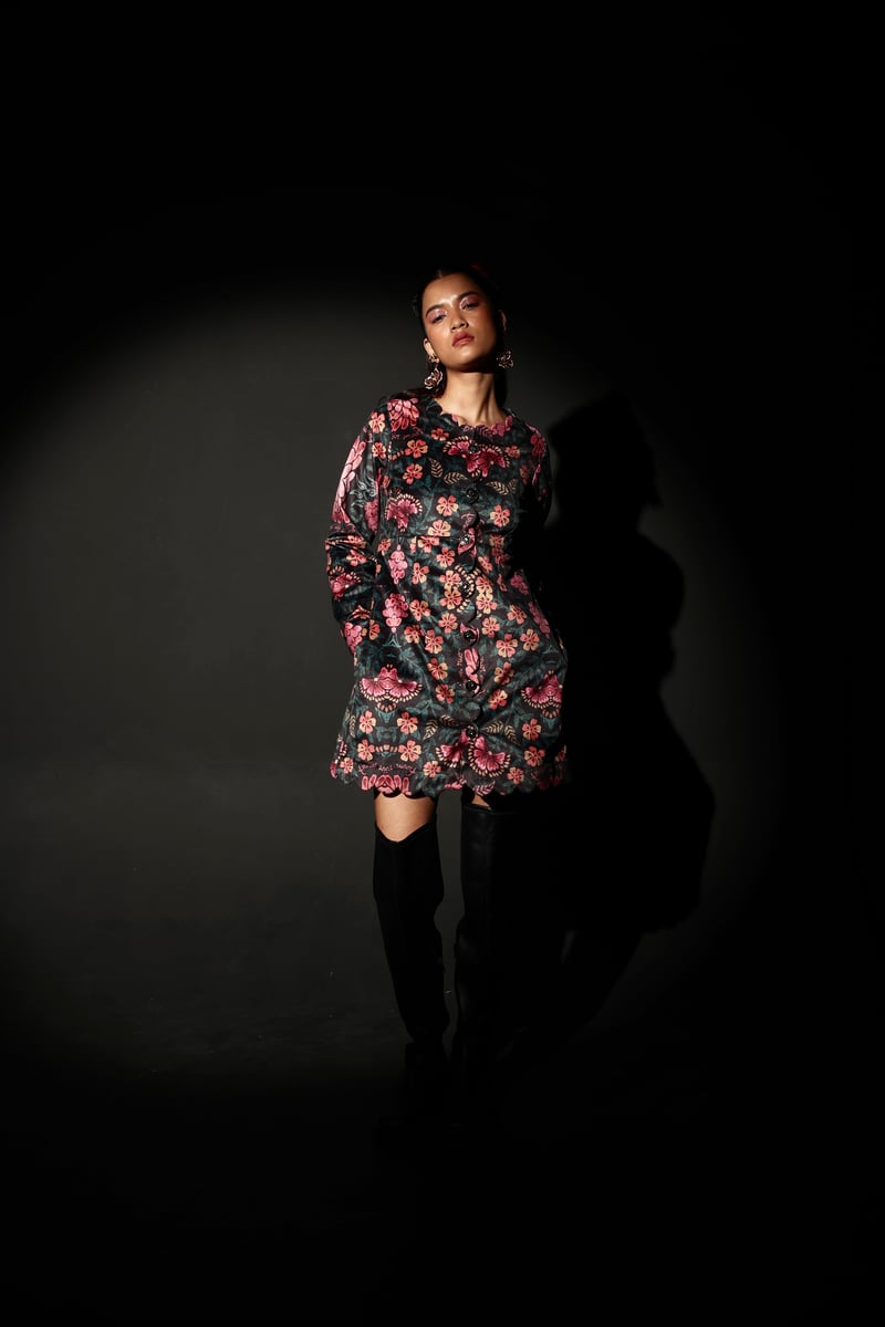 Black Velvet Floral Scalloped Button-Front Jacket
