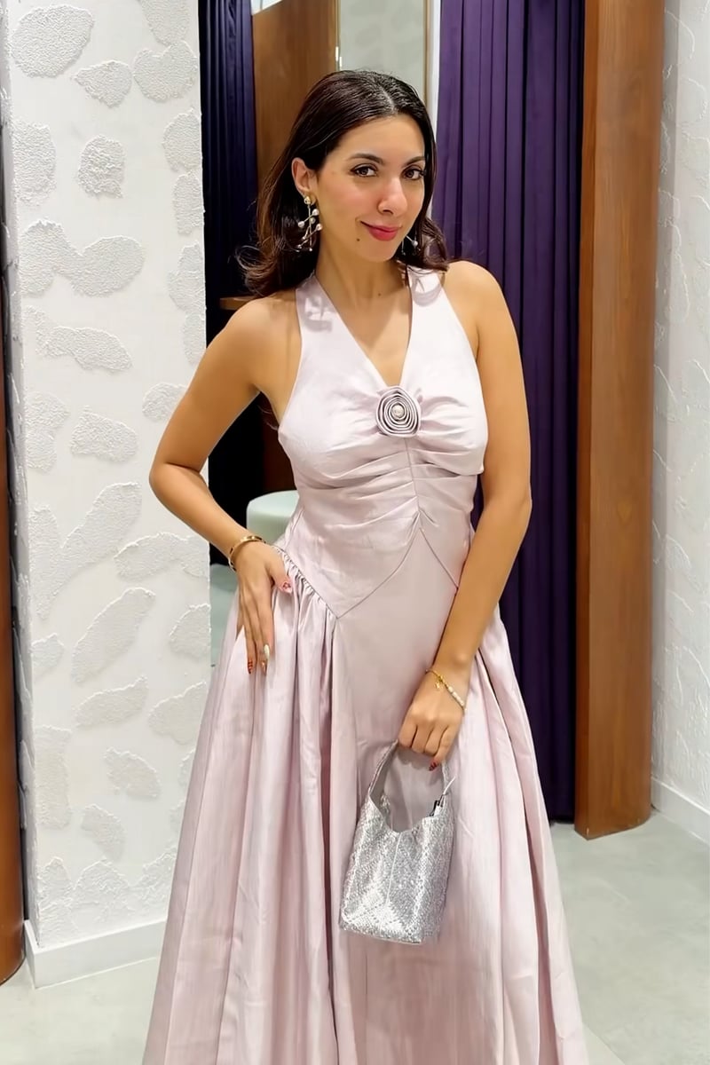 Pale Pink Taffeta Fit and Flare Midi Dress with Rosette
