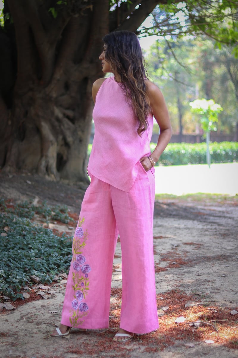 Pink Linen Wide-Leg Trousers with Floral Embroidery