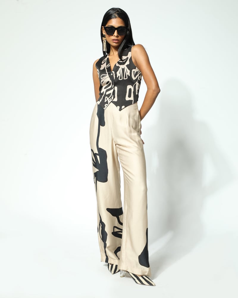 Black and Beige Abstract Print Button-Front Waistcoat