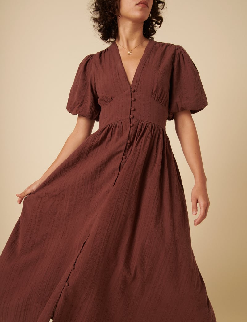 Chocolate Brown V-Neck Button-Front Midi Dress
