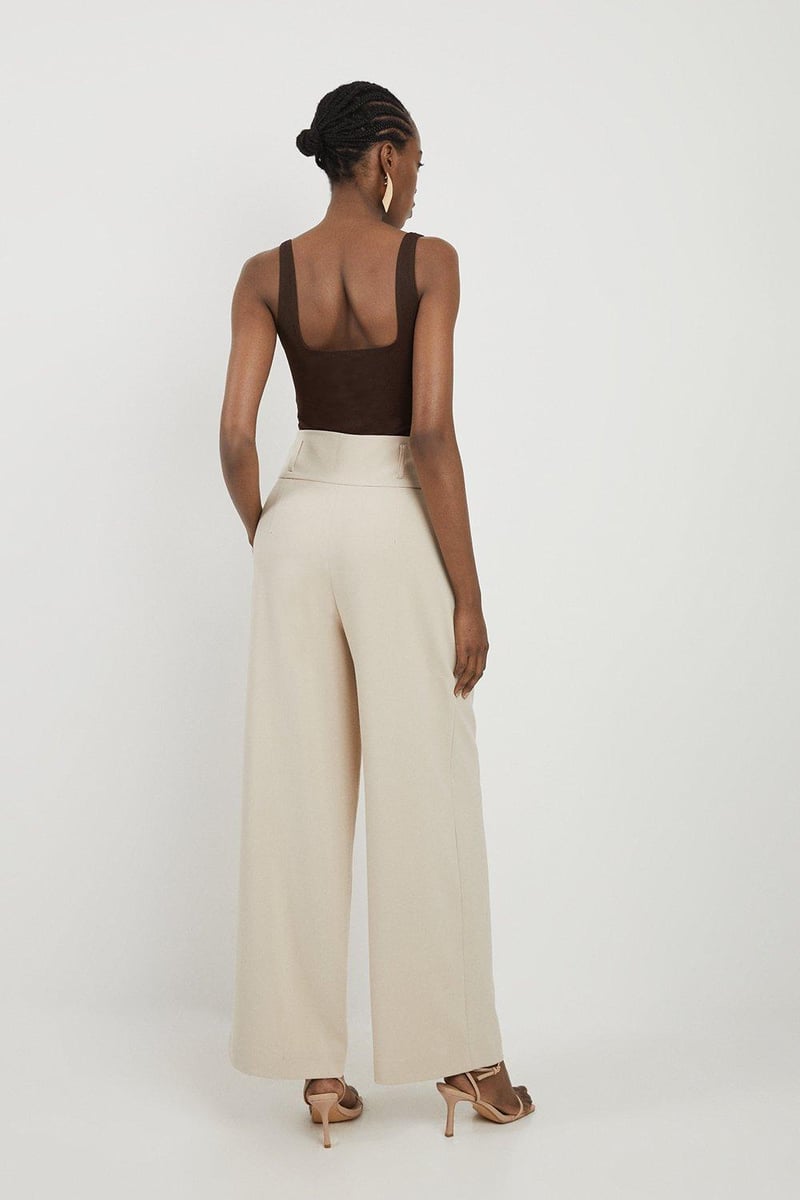 Beige High-Waisted Pleated Wide-Leg Trousers