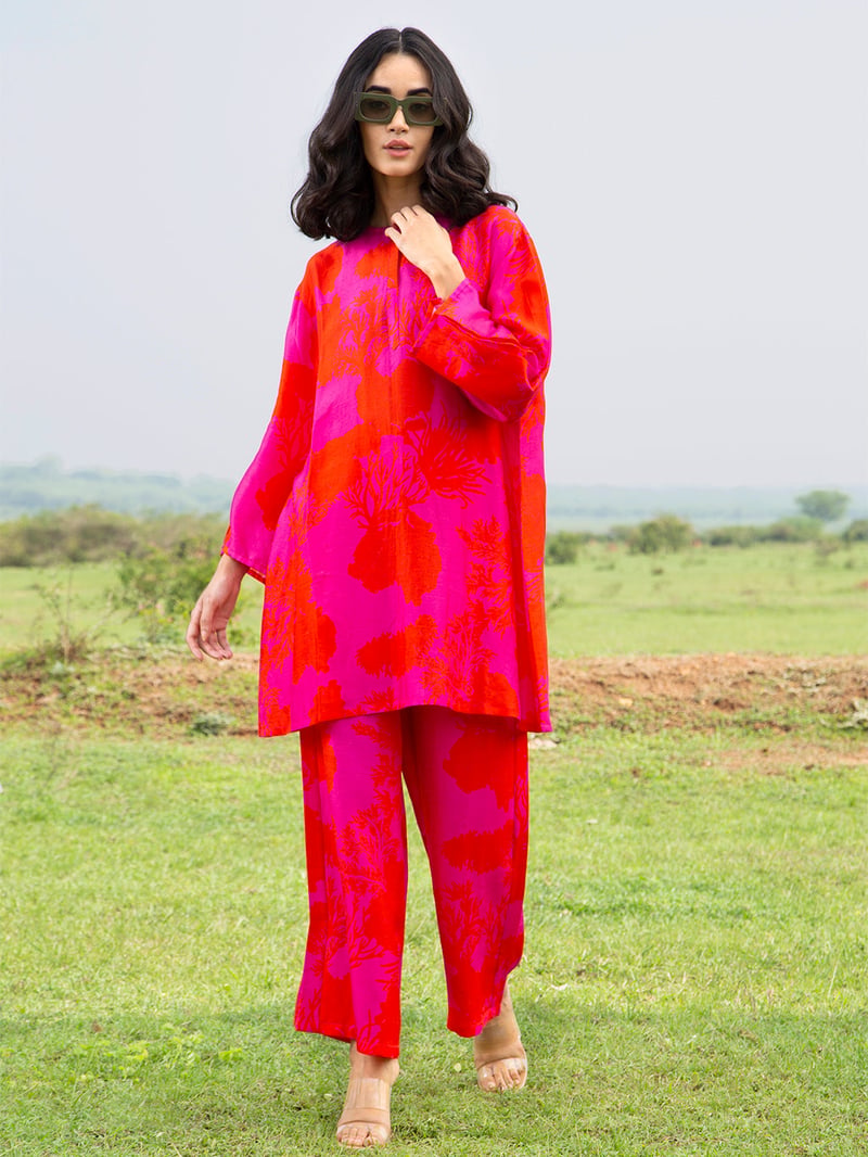 Pink Abstract Printed Tunic and Wide-Leg Pants Co-ord Set