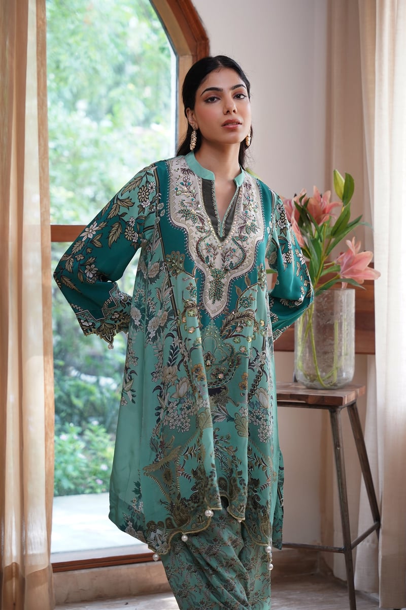 Green Printed Kurta Set with Hand-Embroidered Yoke