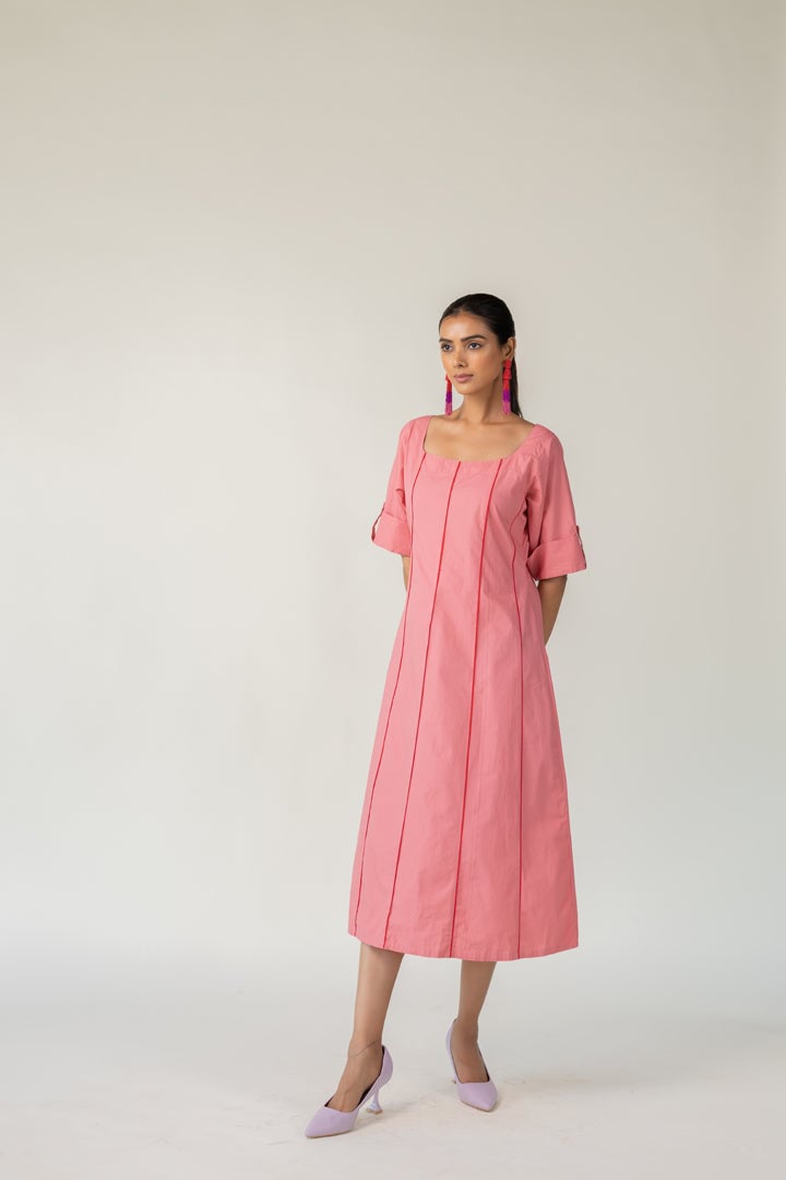 Blush Pink Poplin A-Line Midi Dress with Square Neck