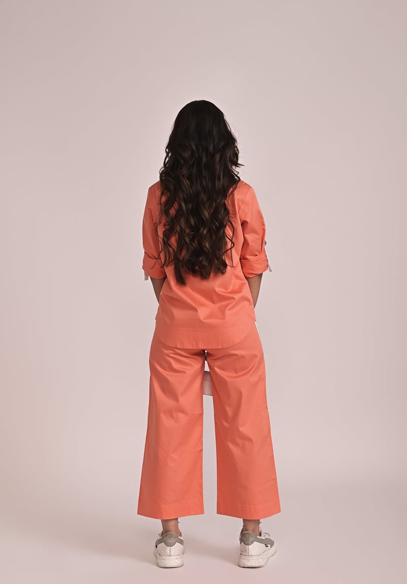 Orange Cotton Satin Shirt and Wide-Leg Pants Co-ord Set