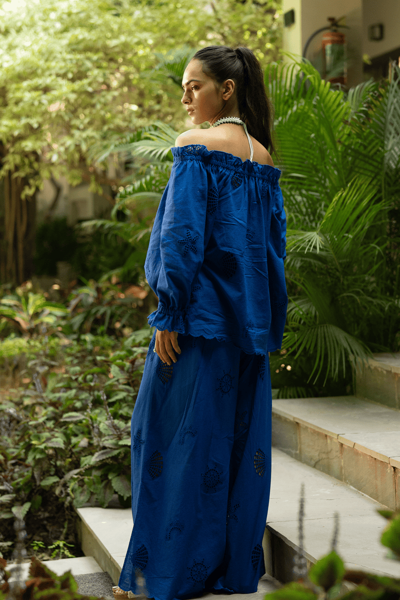 Blue Off-Shoulder Cotton Slub Schiffli Blouse Top