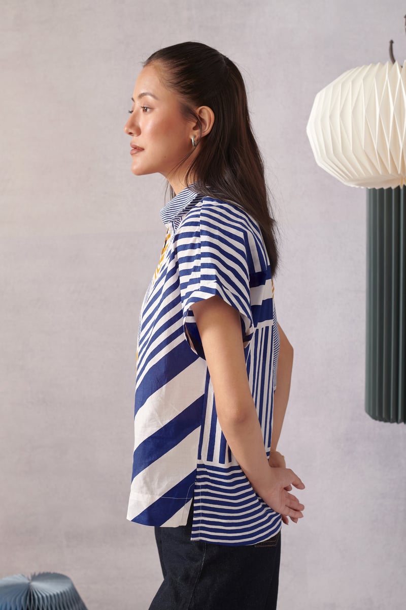 Blue and White Striped Boxy Cotton Top with Collar