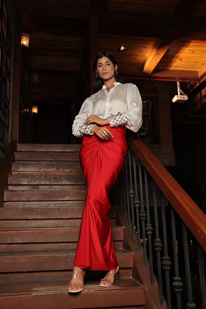 White Shirt and Red Midi Skirt Co-ord Set