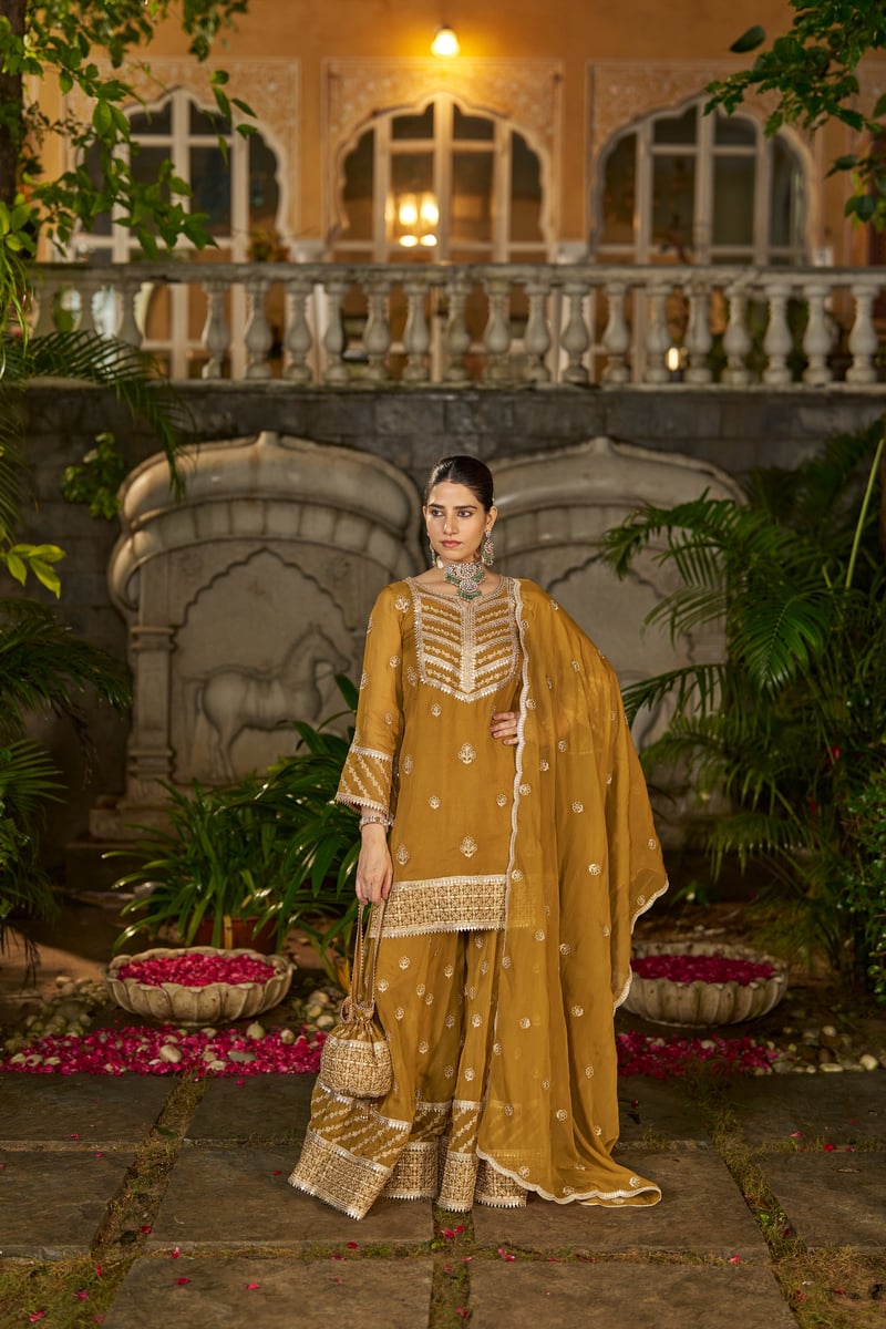 Yellow Organza Embroidered Kurta Sharara Set with Dupatta