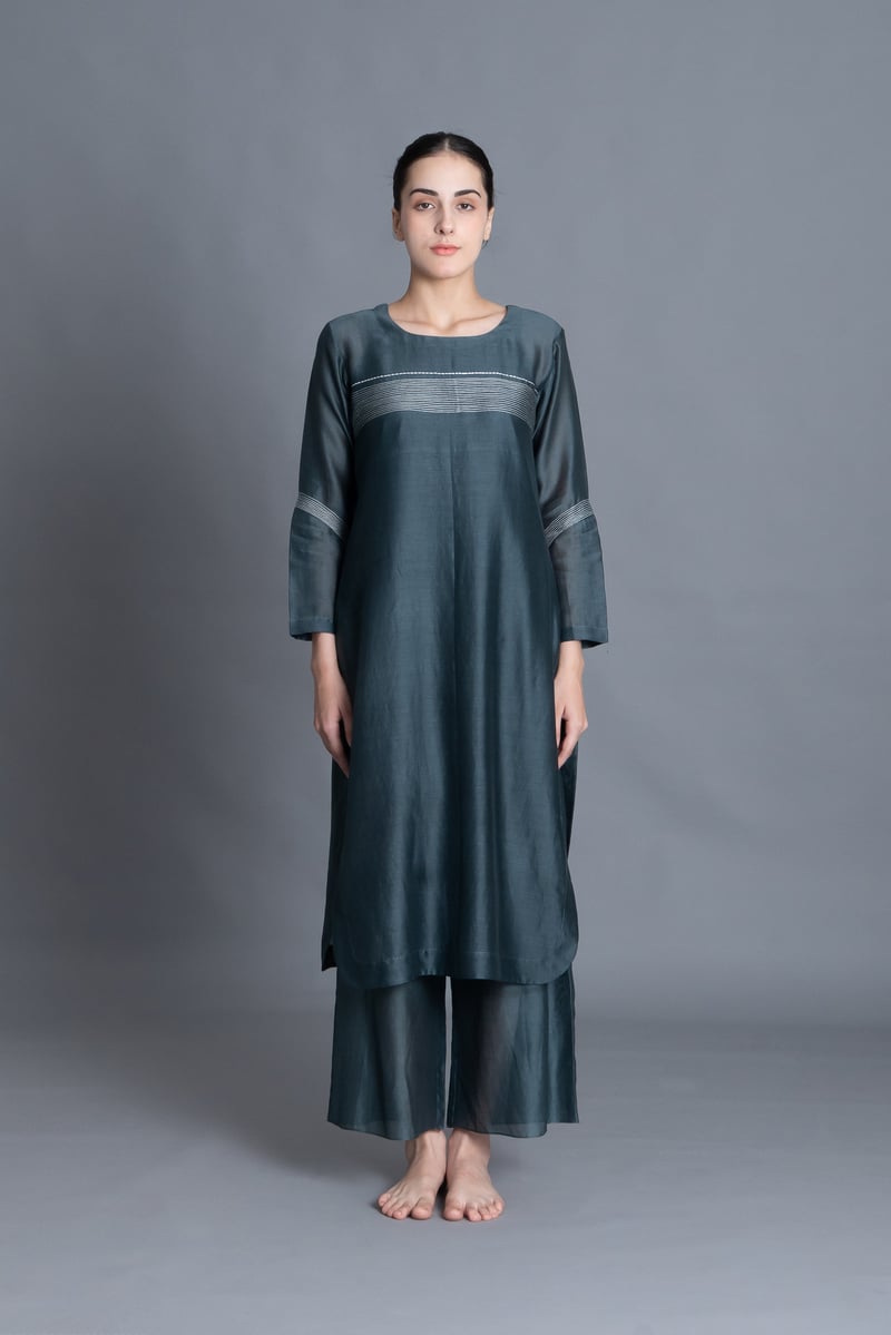 Mint Chanderi Silk Embroidered Straight Kurta Set (3 Pc)