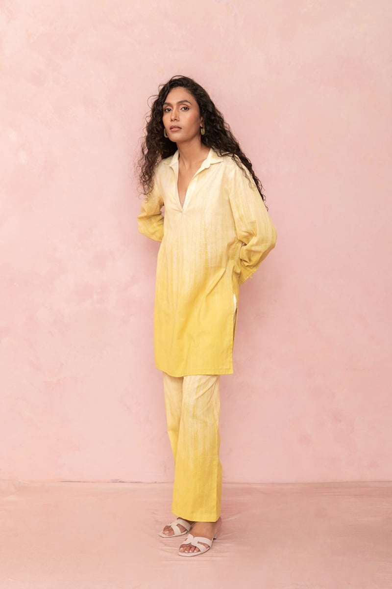 Ombre Yellow Cotton Flex Shirt and Pants Co-ord Set