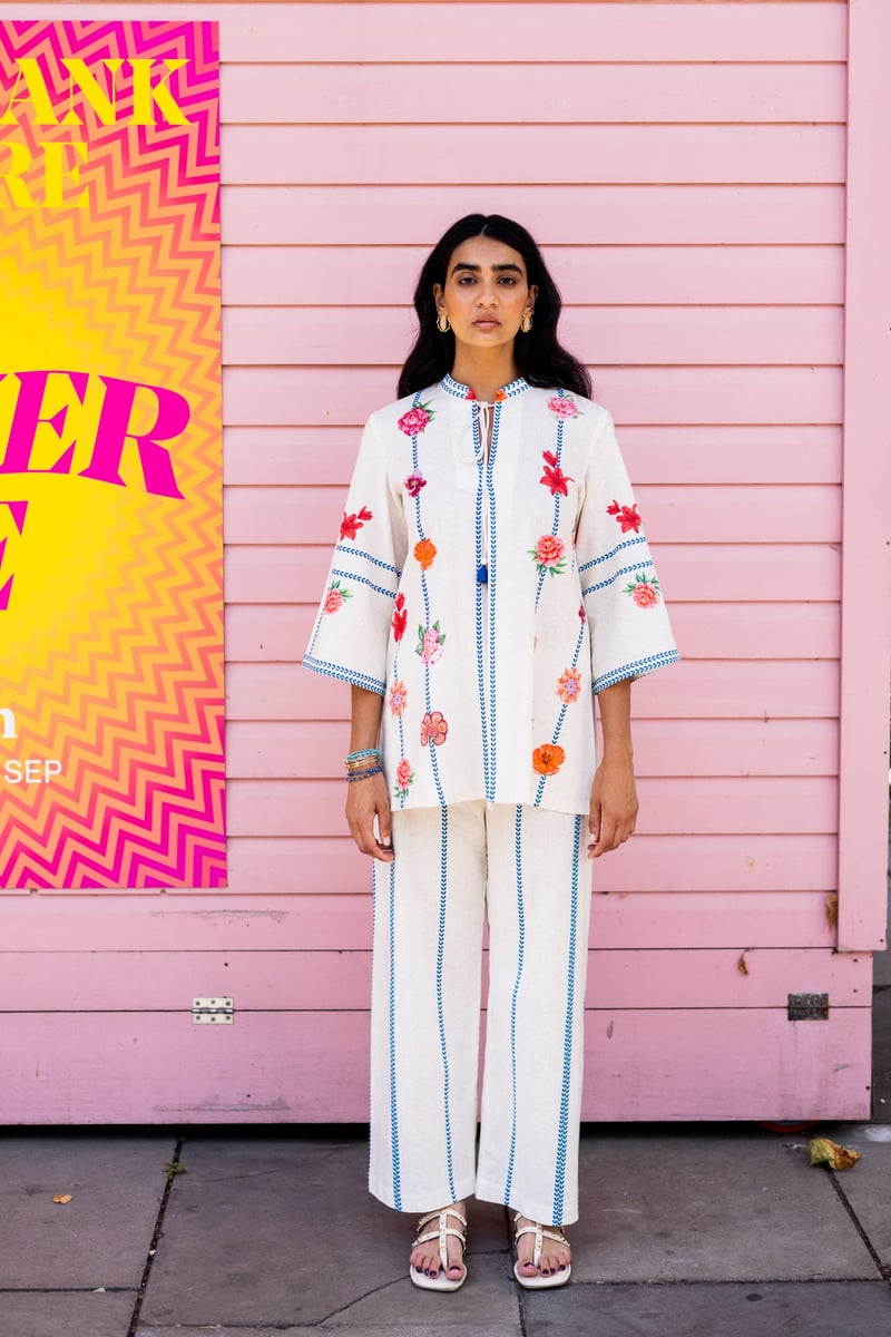 Cream Floral Printed Linen-Cotton Co-ord Set