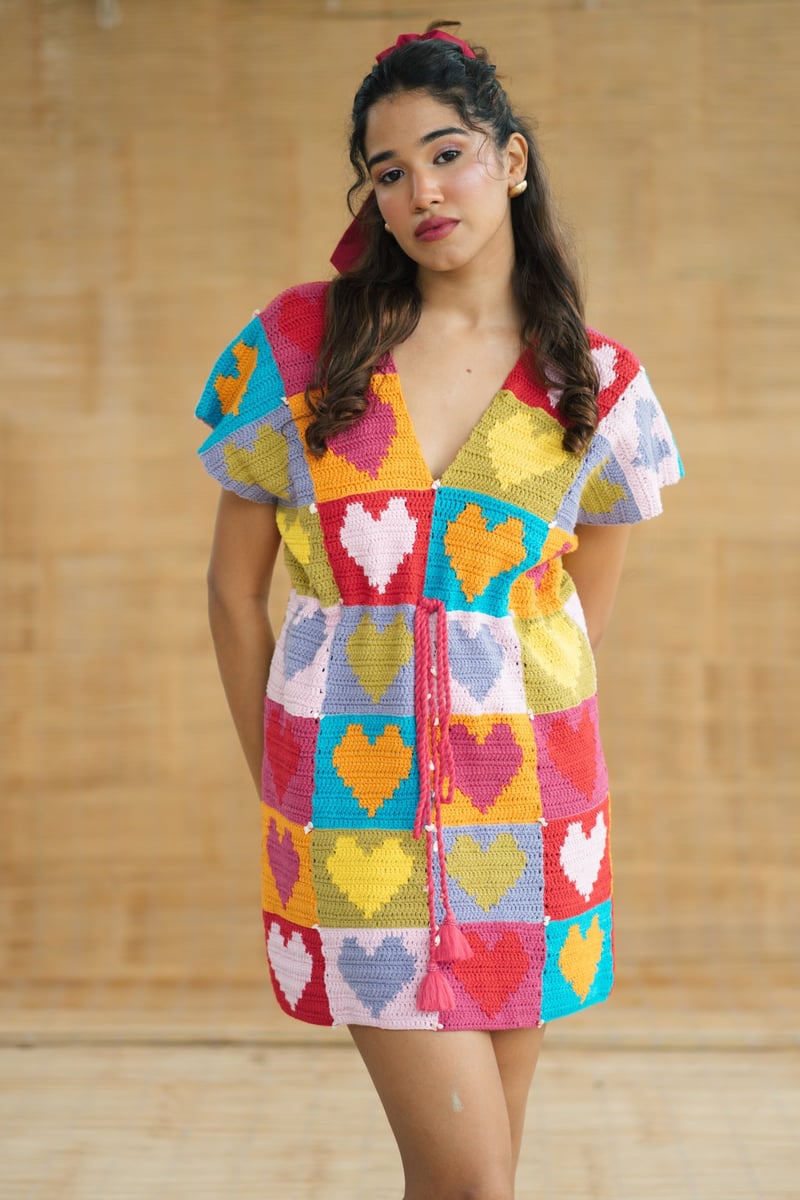 Multicolour Crochet Colorblock Heart Mini Dress with Tie-Up