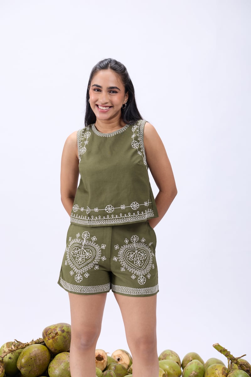Olive Green Ari Embroidered Blouse and Shorts Co-ord Set