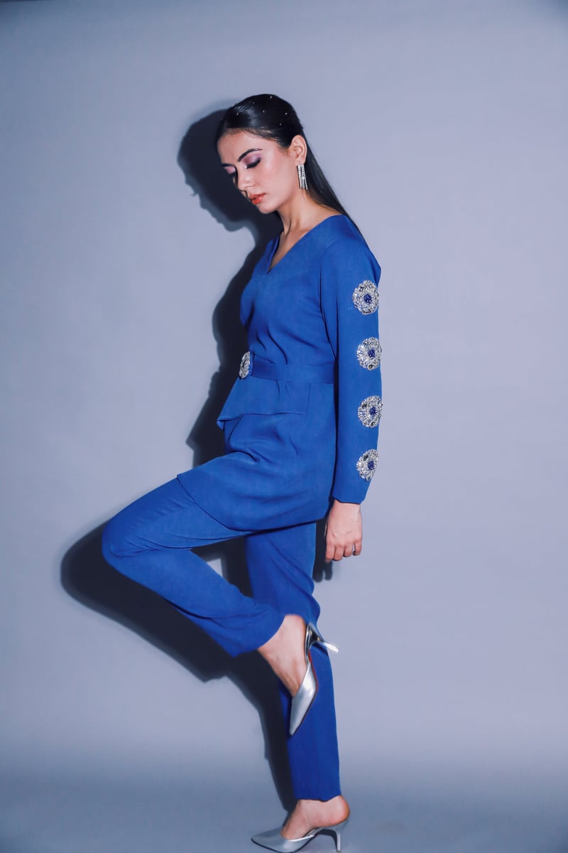 Blue Asymmetrical Top and Straight Pants Co-ord Set