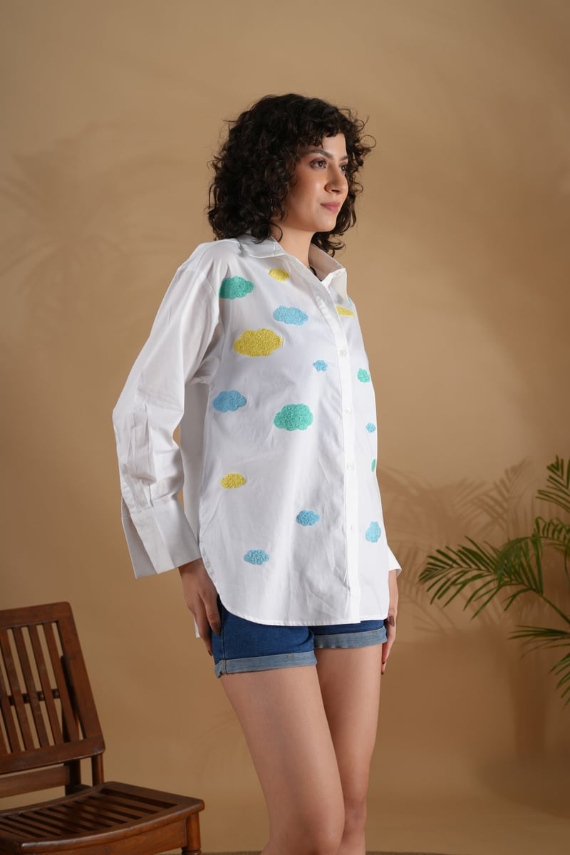 White Cotton Comfort-Fit Shirt with Cloud Embroidery