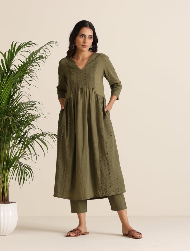 Olive Cotton Cutwork Embroidered Kurta Set