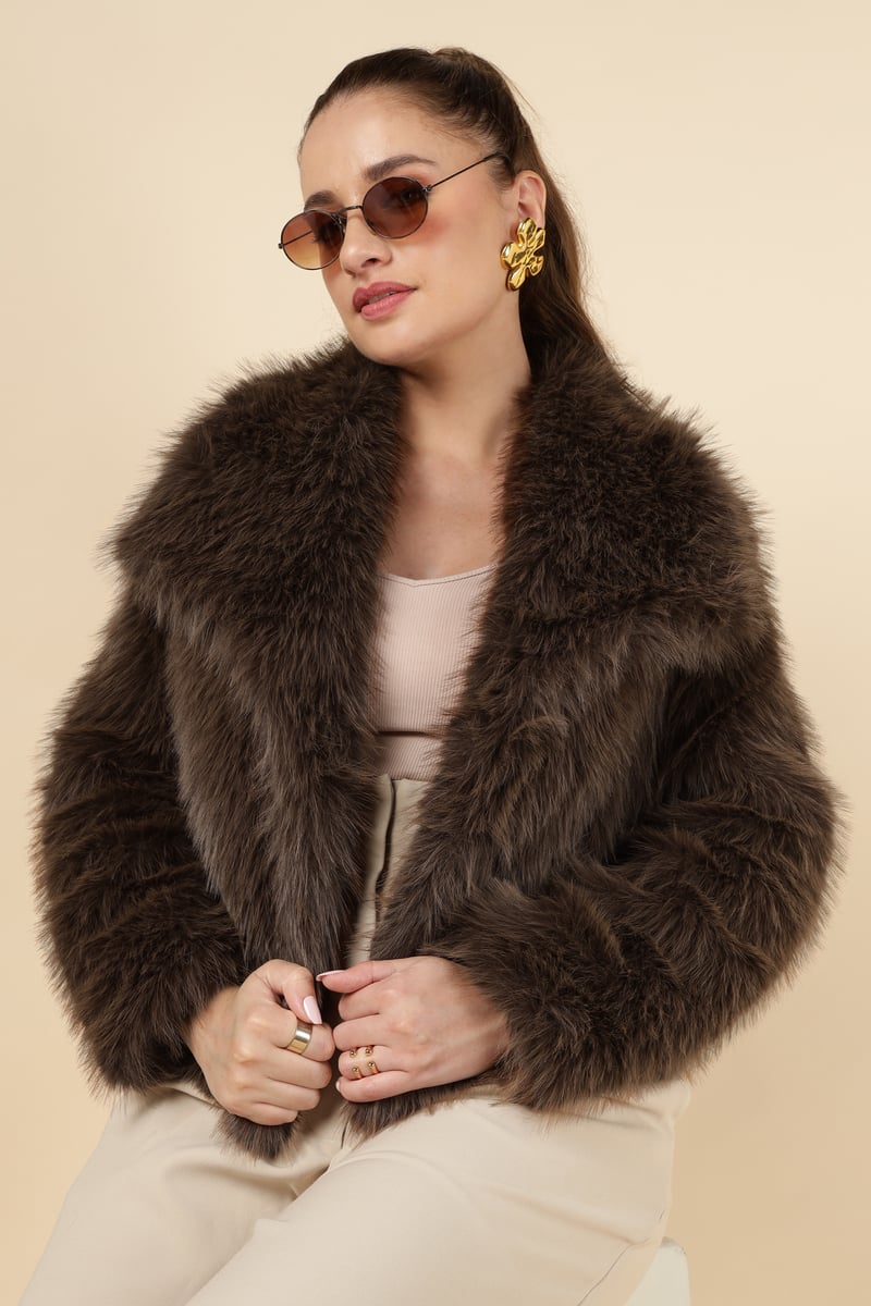 Brown Cropped Faux-Fur Jacket with Lapel Collar