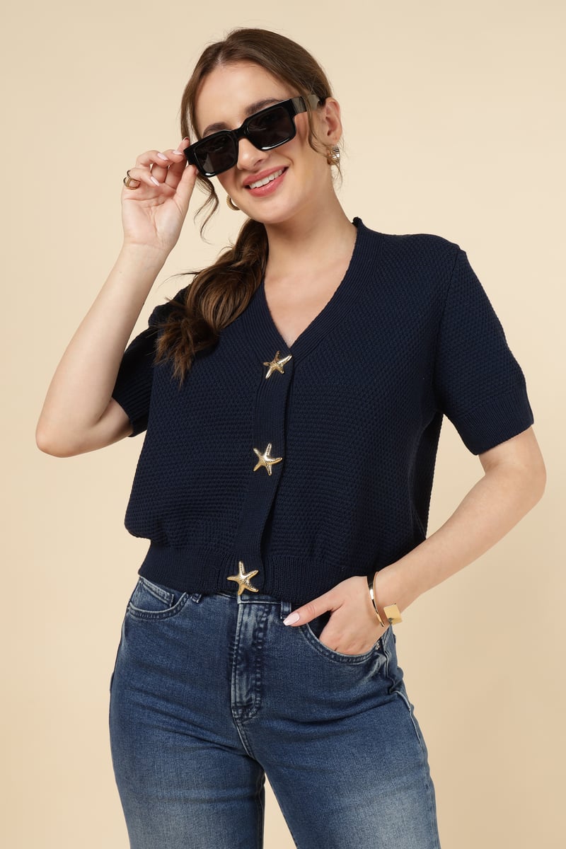 Navy V-Neck Starfish Button Knit Cardigan